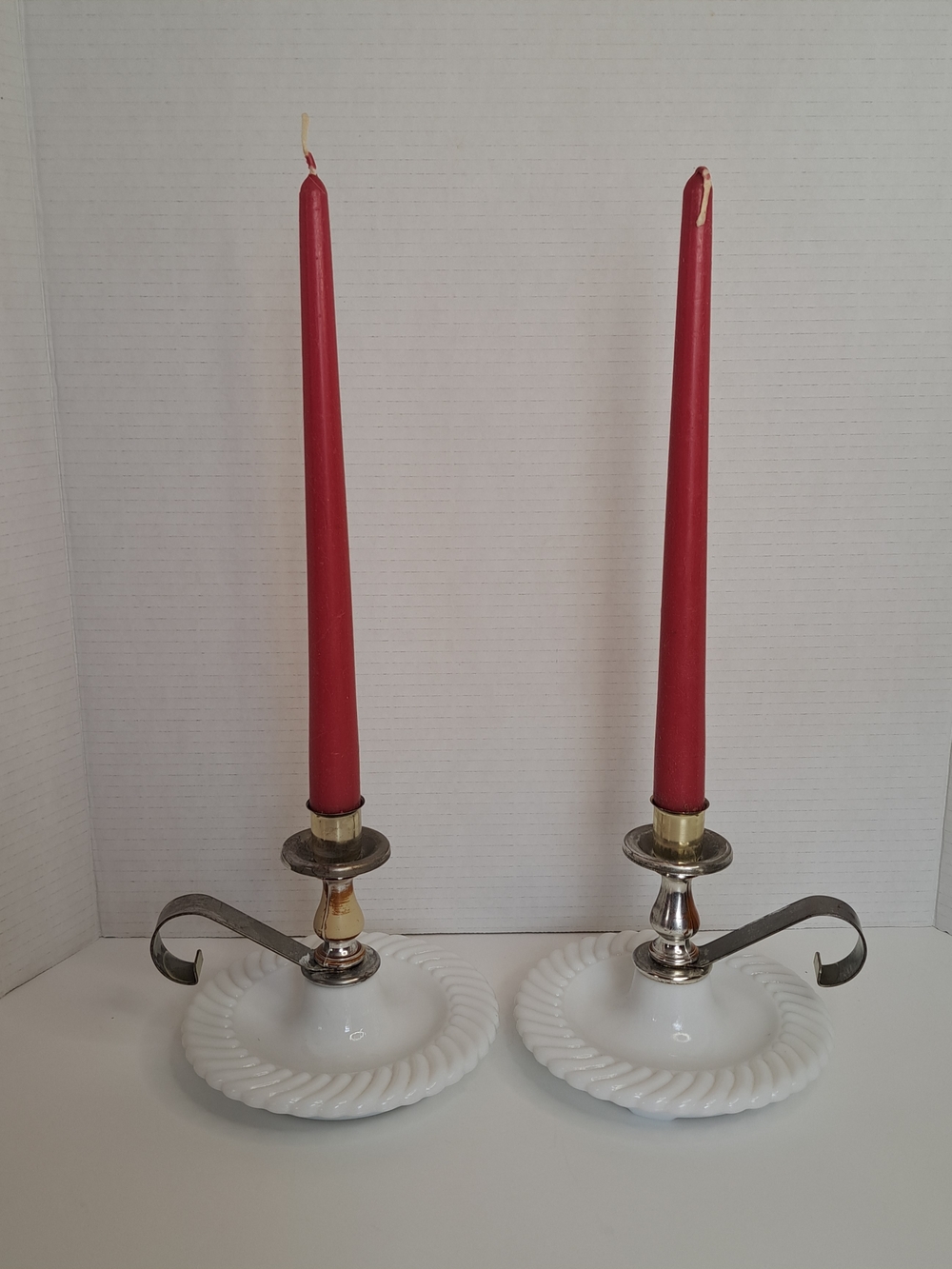 Milk Glass Candleholders made from 2 lamp bottoms. Early Folk Art artist unknown